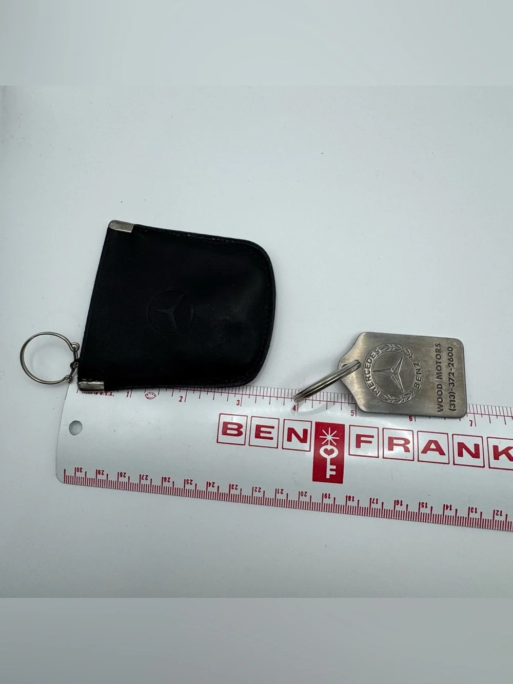 Vintage Mercedes-Benz Leather Key Holder Pouch Keychain Wood Motor NOS lot of 2
